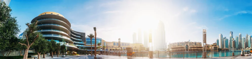 Foto op Canvas Dubai Mall, pool with famous fountains and buildings around, downtown panorama in sunny morning, United Arab Emirates. © DedMityay