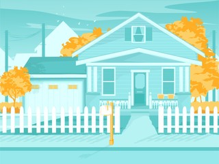 Suburban Family House Facade with Annexe and Fence