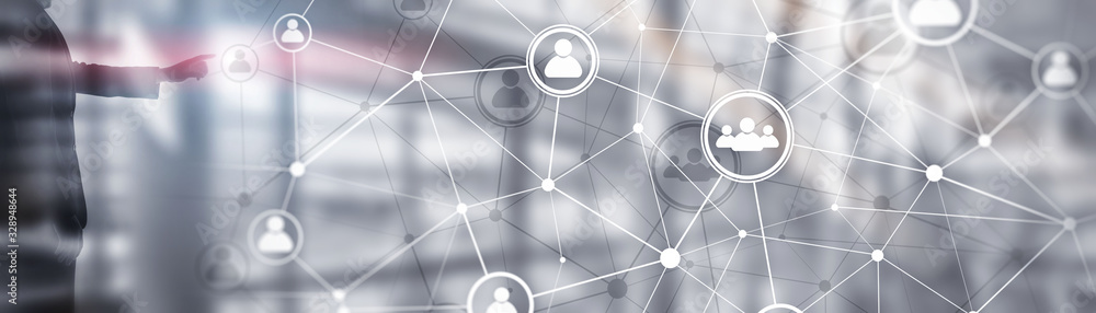 Poster background conceptual image with social connection lines on panoramic fone.