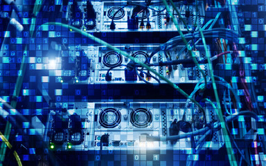 Digital matrix binary code mainframe server room computing communication concept.