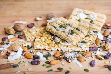Healthy Cereal Granola Bar with Nuts. Dessert snacks 