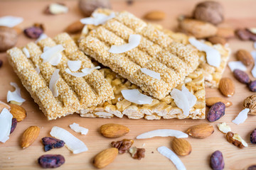 Healthy Cereal Granola Bar with Nuts. Dessert snacks 