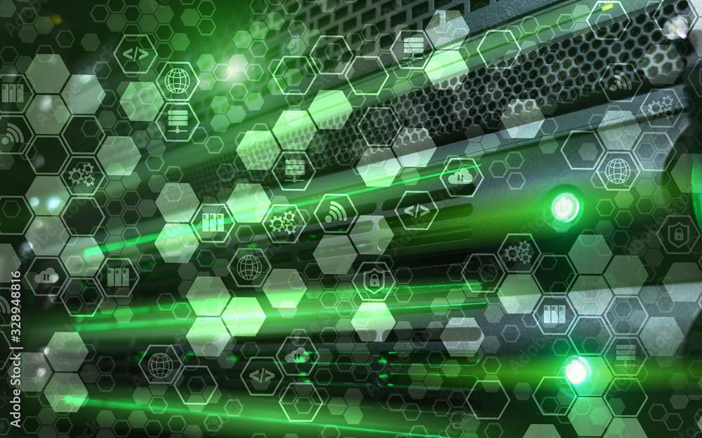 Aufkleber digital internet connection technology concept. icons on server rack room background.