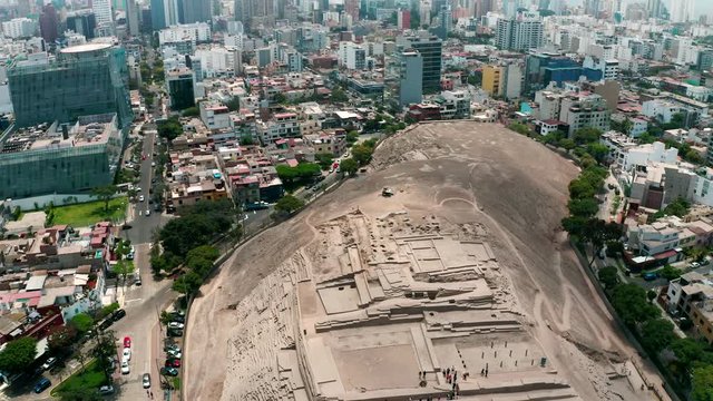 Aerial view of Huaca Pucllana archeological site in San Isidro disctrict. Ancient pre-inca ruins in the middle of an urban city.