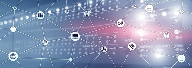 Naklejka premium Website Banner Mixed Media. IOT - internet of things concepts. ICT - information and telecommunication technology.