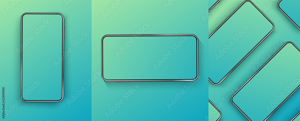 Poster a collection of smartphones at different angles. modern digital device template. cellphone display f