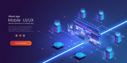 Cloud services isometric composition. Big data analysis storage business intelligence systems modern high tech isometric background connected with dashed lines. Station of future, server room rack.