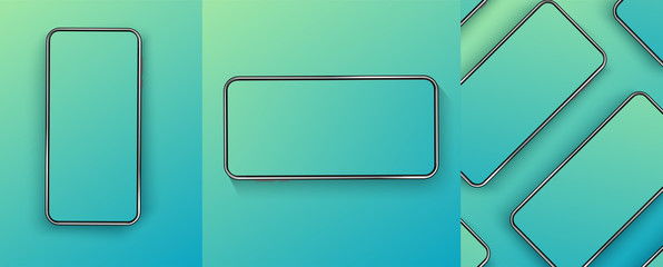 A collection of smartphones at different angles. Modern digital device template. Cellphone display front view and top mock up. Design template with phone for concept design. Mock up mobile phone. 