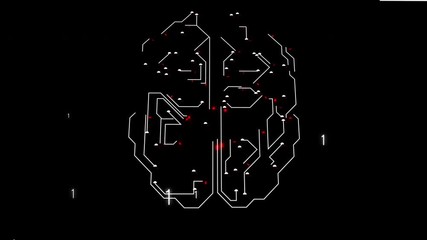 HUD brain data. Futuristic digital frame of the brain structure with red impuses inside and numbers blowing. - Powered by Adobe