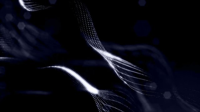 looped black animated abstract sci-fi background with wavy glow particles like micro world, cosmic space or digital big data, blockchain, point nodes connection. Surface of waves from dots or strings