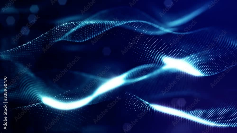 Poster looped blue animated abstract sci-fi background with wavy glow particles like micro world, cosmic sp