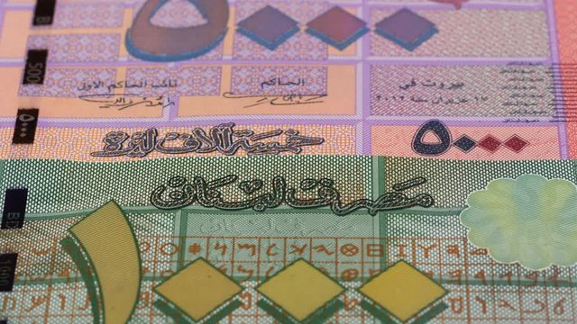 Lebanese pound notes collection fast tracking. Lebanon paper money close up. Dolly shot. Low angle. 4K