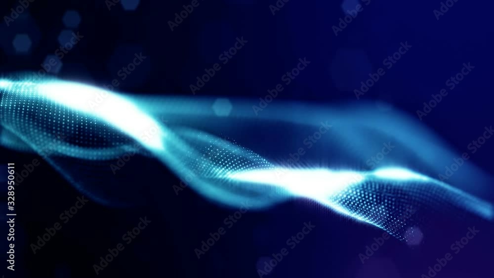 Poster looped blue animated abstract sci-fi background with wavy glow particles like micro world, cosmic sp