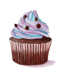 watercolor hand drawn blue and purple cupcake isolated on white background