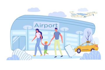 Young Couple with Baby Go on Journey by Plane.