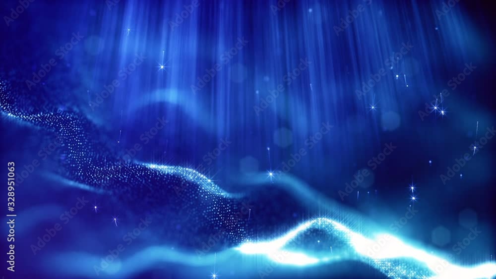 Poster looped blue animated abstract sci-fi background with wavy glow particles like micro world, cosmic sp
