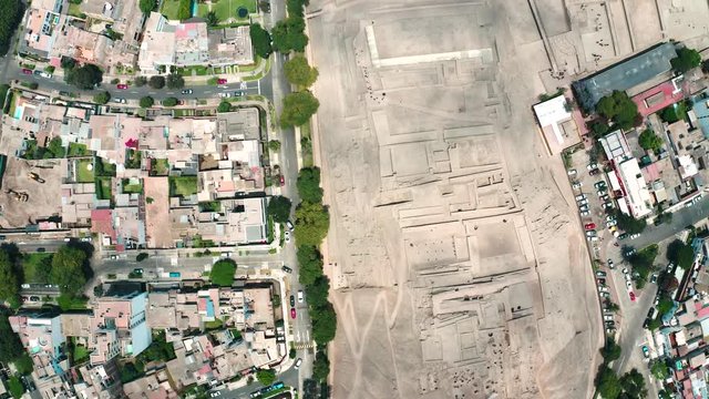Aerial view of Huaca Pucllana archeological site in San Isidro disctrict. Ancient pre-inca ruins in the middle of an urban city.