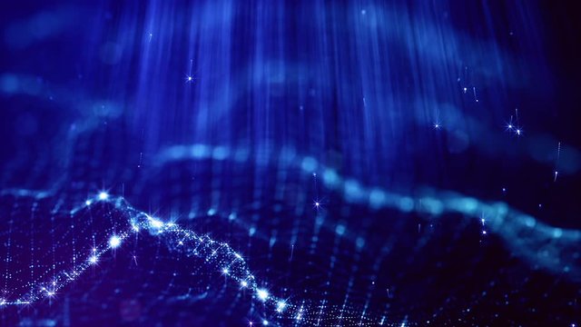 looped blue animated abstract sci-fi background with wavy glow particles like micro world, cosmic space or digital big data, blockchain, point nodes connection. Composition with rays and grid