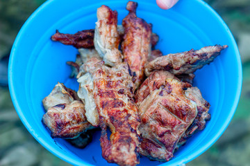 pork barbecue in a blue plate