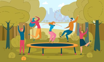 Friends Jumping on Trampoline Flat Illustration