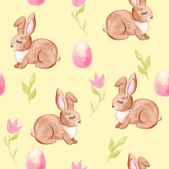 watercolor easter brown bunny and pink eggs seamless pattern on yellow background for fabric , textile, scrapbooking, wrapping paper,invitations