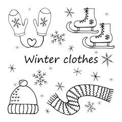 Set of winter clothes design elements. Hat, scarf, skates, mittens. Сoncept holidays. Hand drawn vector illustration in doodle style outline drawing isolated on white background