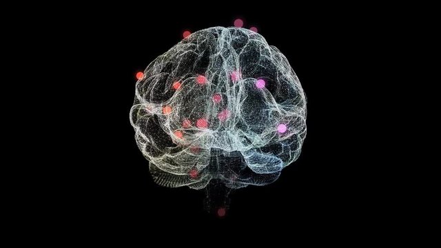 Abstract rotation of human brain with red bokeh particles showing infected parts.