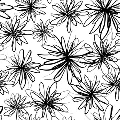 abstract floral seamless pattern with black thin lines sophisticated flowers silhouettes on white background, editable vector illustration for print, decoration, fabric, textile, wallpaper