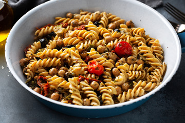 Vegan pasta with vegetables and chickpeas