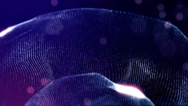 looped blue animated abstract sci-fi background with wavy glow particles like micro world, cosmic space or digital big data, blockchain, point nodes connection. Spheres 2