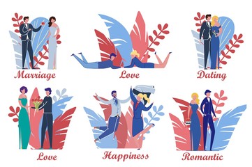 Couple in Romantic Relations Isolated Scenes Set.