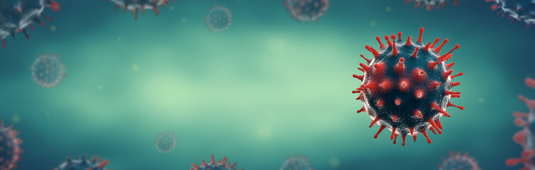 Microscopic view of Novel Coronavirus (2019-nCoV), Flu or SARS virus. Place for text. Panoramic. - obrazy, fototapety, plakaty