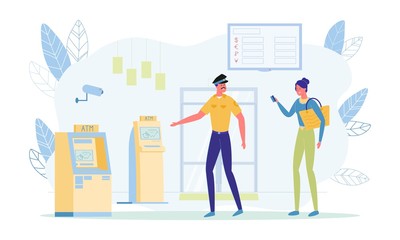 Guard Showing Woman Client ATM to Withdraw Money.