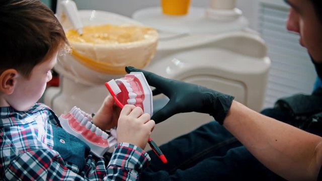 A little boy having a treatment in the dentistry - the kid brushing teeth on the plastic human jaw model
