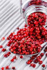 pink peppercorns on white wooden rustic background