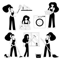 Black and white simple style vector illustration. Cleaning service workers with vacuum cleaner, washing floor, windows and dishes.
