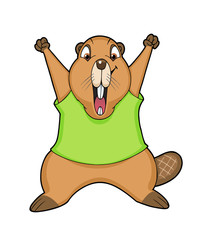 cute cartoon beaver with hands up in the air © gmagakis