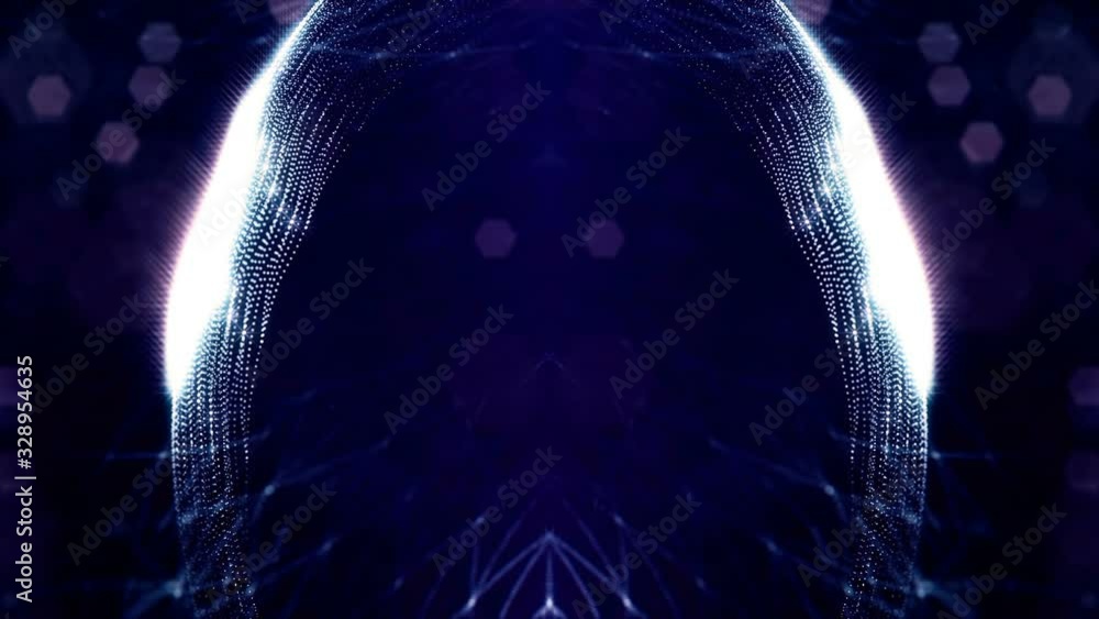 Poster looped blue animated abstract sci-fi background with wavy glow particles like micro world, cosmic sp