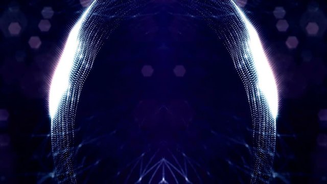 looped blue animated abstract sci-fi background with wavy glow particles like micro world, cosmic space or digital big data, blockchain, point nodes connection. Circular symmetrical structure 1