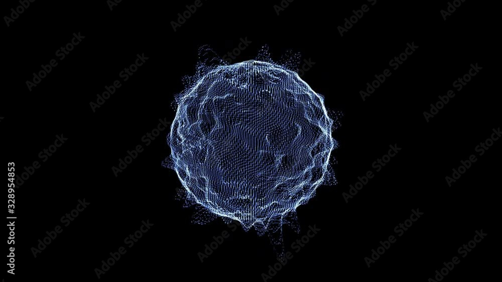Poster abstract image of a rotating virus, flashing dangerous appendages over dark background.