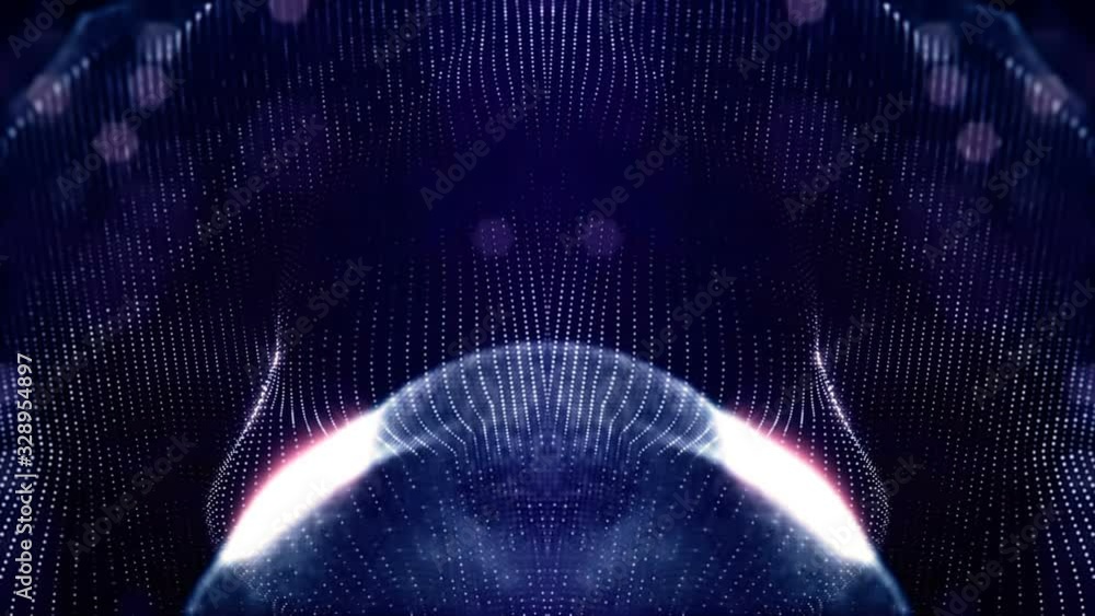 Poster looped blue animated abstract sci-fi background with wavy glow particles like micro world, cosmic sp