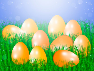 Easter eggs in the grass on a blue background