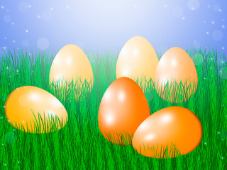 Easter eggs in a green grass background of the rising sun.
