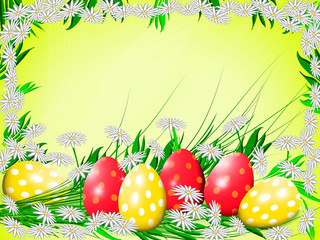 Easter eggs with delicate white daisies on a yellow background.