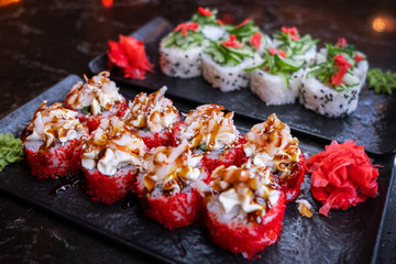 beautiful bright sushi.lots of sushi