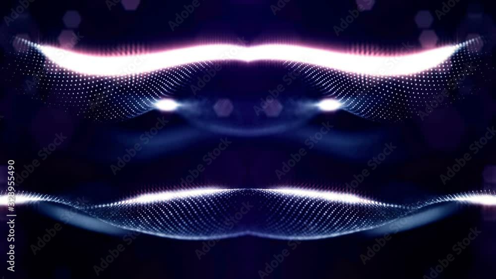 Poster looped blue animated abstract sci-fi background with wavy glow particles like micro world, cosmic sp