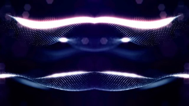 looped blue animated abstract sci-fi background with wavy glow particles like micro world, cosmic space or digital big data, blockchain, point nodes connection. two-layer wavy structure 2