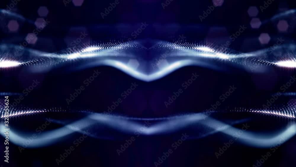 Poster looped blue animated abstract sci-fi background with wavy glow particles like micro world, cosmic sp