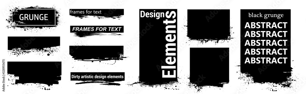 Poster Black grunge for text with frame and Splashes. Dirty artistic design elements, boxes, frames for text. Black splashes isolated. Vector Set of black paint, ink brush strokes, brushes, lines. Vector 