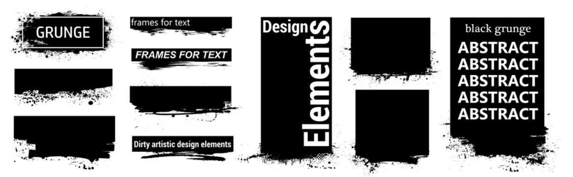 Black grunge for text with frame and Splashes. Dirty artistic design elements, boxes, frames for text. Black splashes isolated. Vector Set of black paint, ink brush strokes, brushes, lines. Vector 